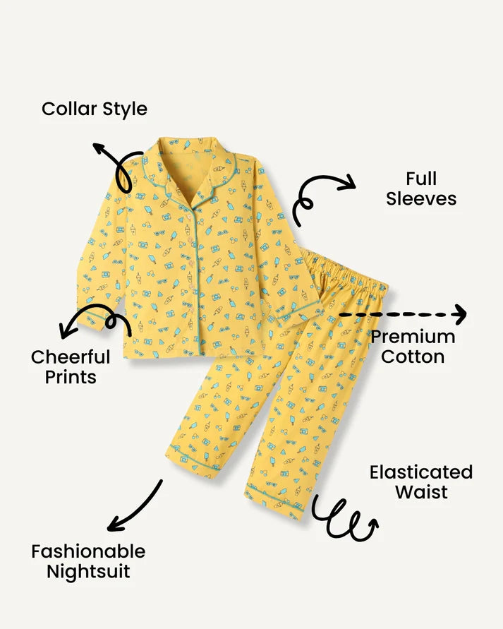 Yellow Premium Cotton Full Sleeves Printed Collar Style Pyjama & T-Shirt Set for Boys & Girls