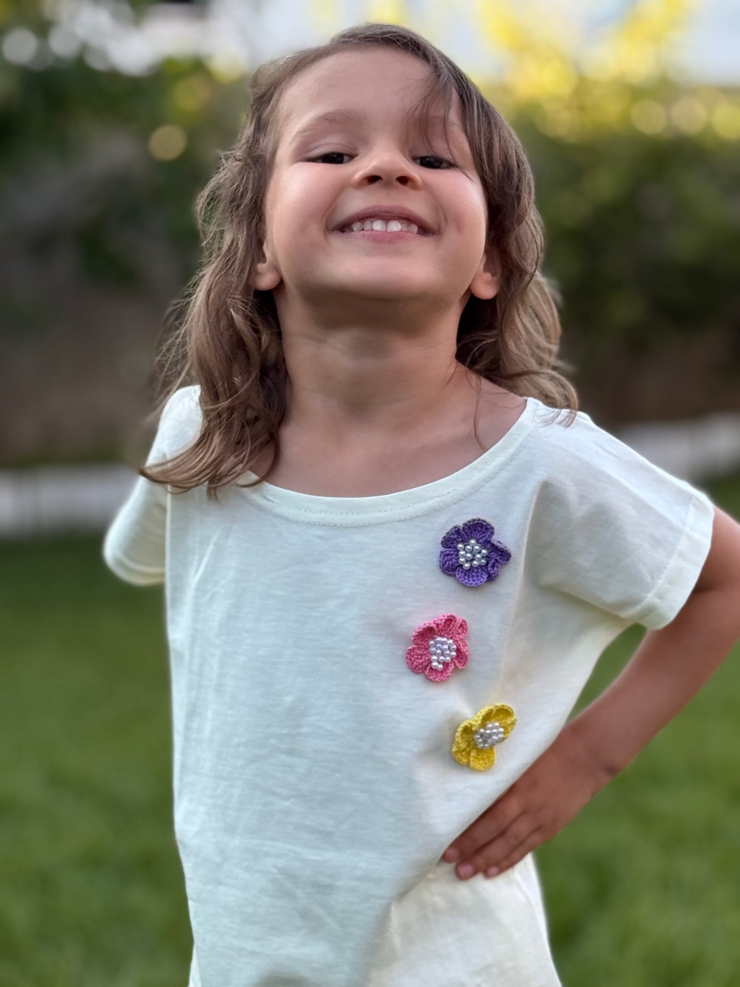 Girls Premium Cotton White T-Shirt & Shorts Set with Multicolor Crochet Flower