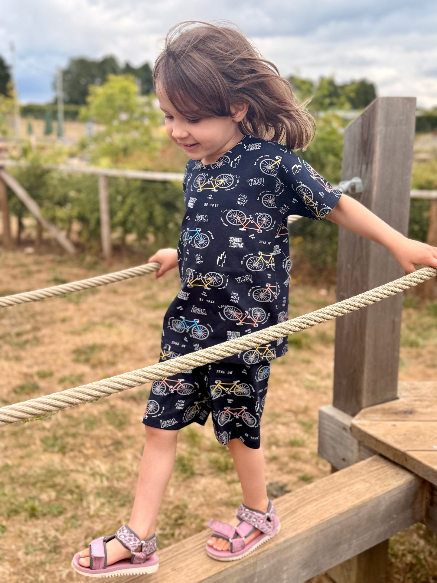 Navy Blue Kids Pure Cotton Half Sleeves Bicycle Printed T-shirt & Shorts Set