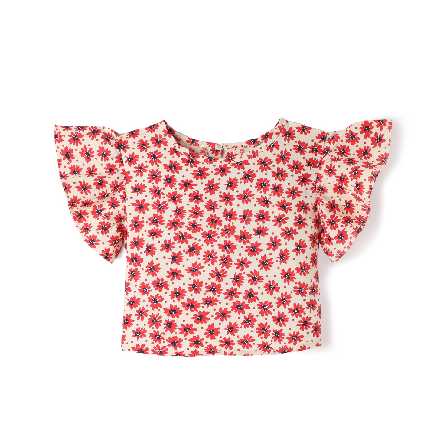 Red Premium Cotton Polka Dots Printed with Bio Finish Flutter Sleeves Top & Shorts Co-ord Set for Girls