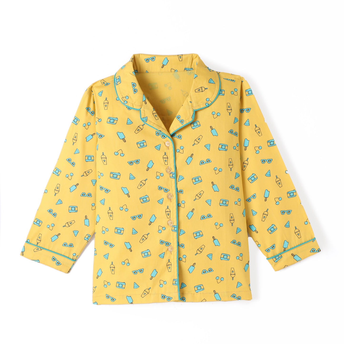 Yellow Premium Cotton Full Sleeves Printed Collar Style Pyjama & T-Shirt Set for Boys & Girls