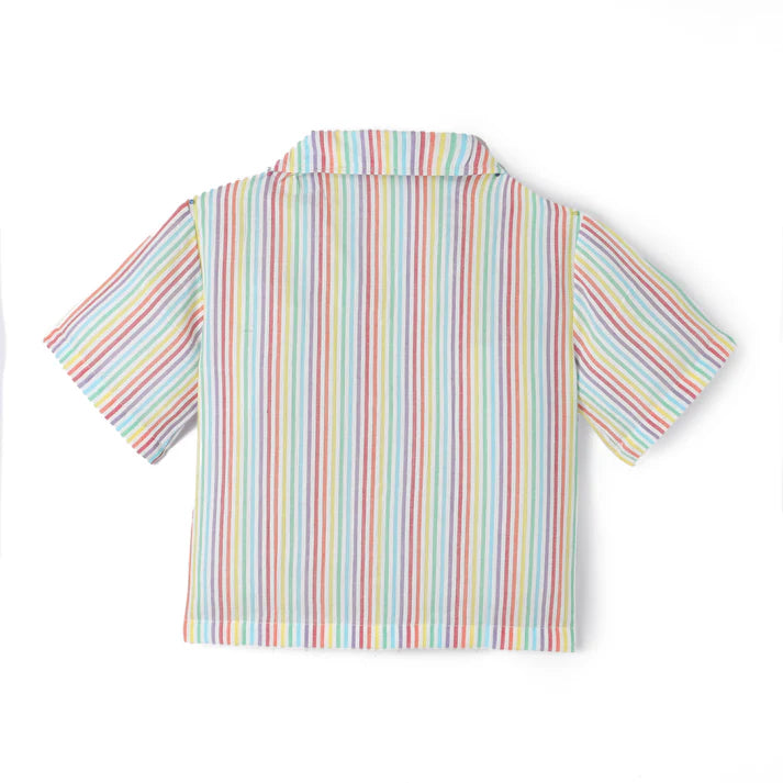 Multicolor Premium Cotton Bio Finish Half Sleeves Stripe Printed Collar Style T-Shirt & Shorts Co-ord Set for Girls