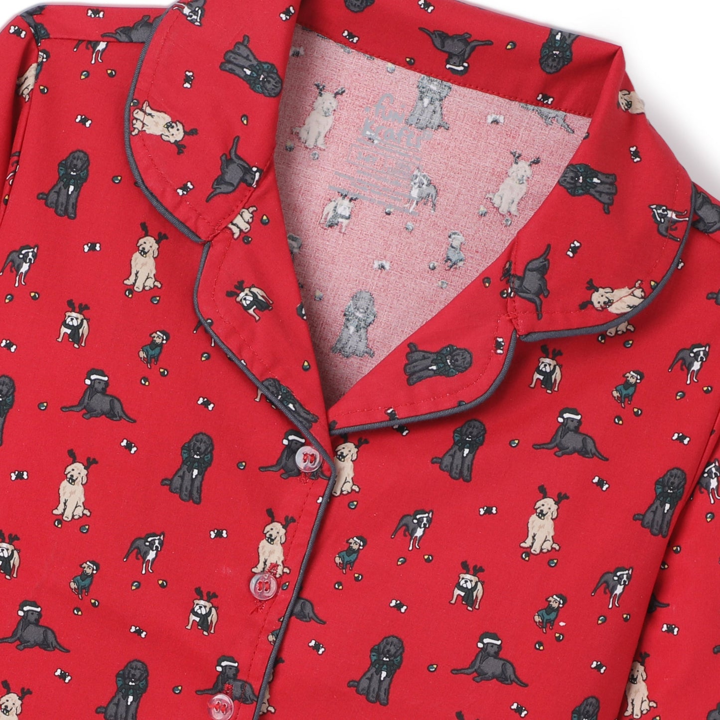 Red Premium Cotton Full Sleeves Puppy Printed Collar Style Pyjama & T-Shirt Set for Boys & Girls