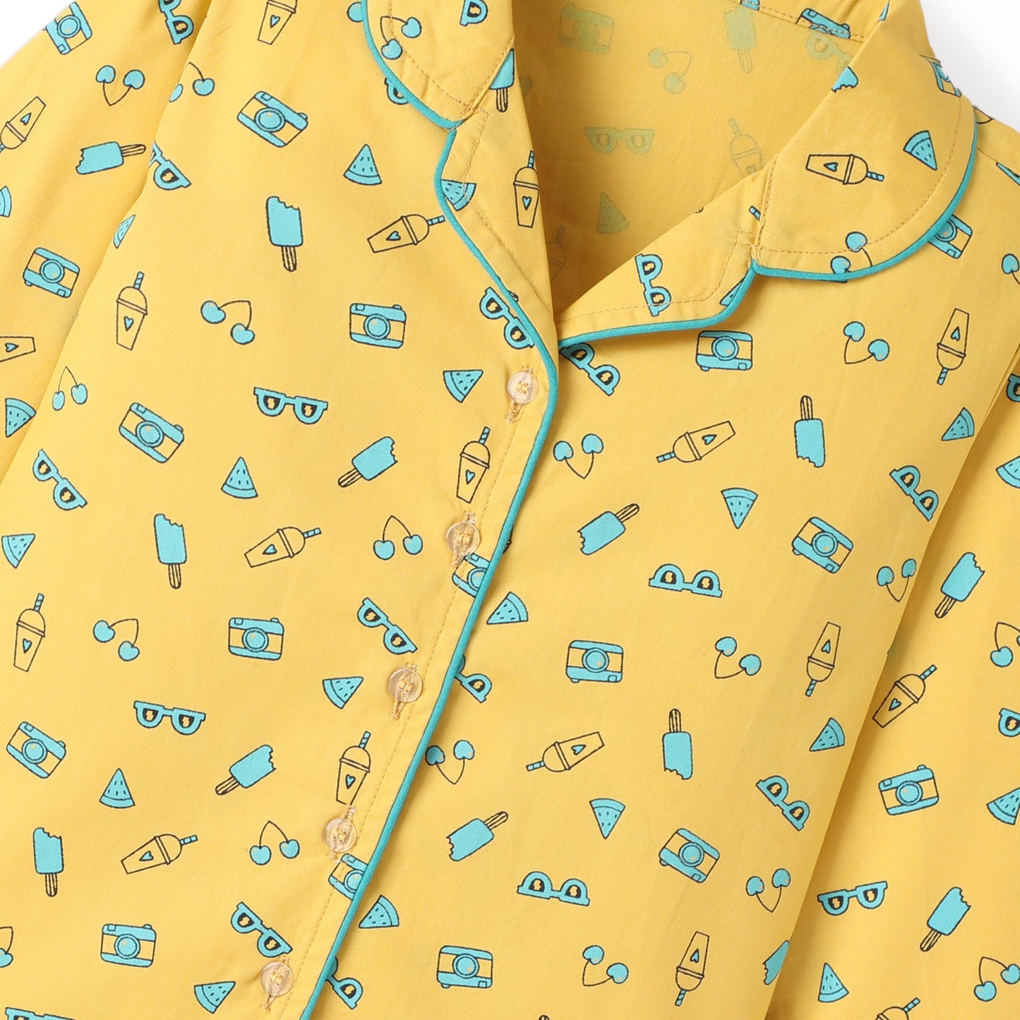 Yellow Premium Cotton Full Sleeves Printed Collar Style Pyjama & T-Shirt Set for Boys & Girls