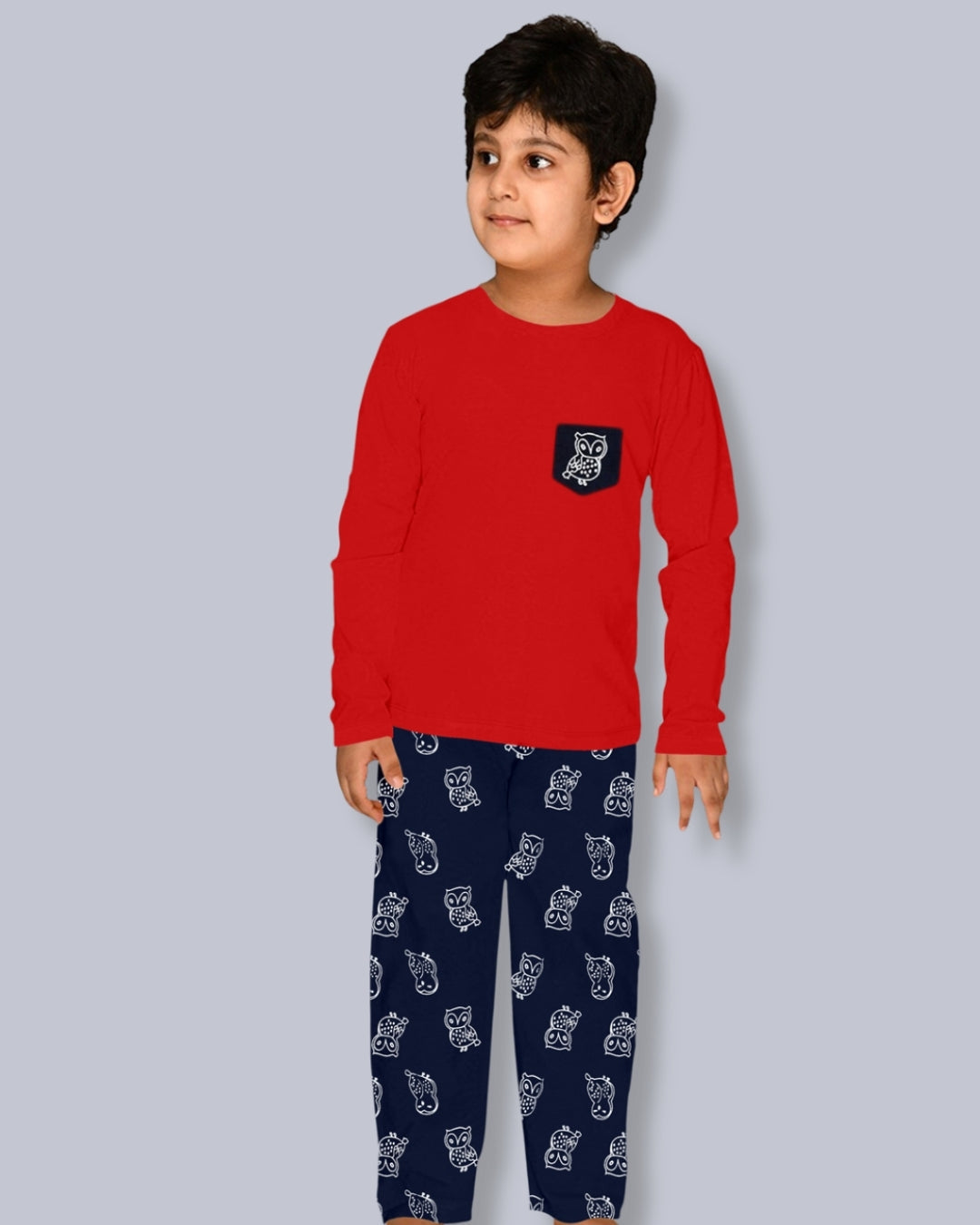 Red & Navy Blue Owl Printed Cotton Night Dress for Boys