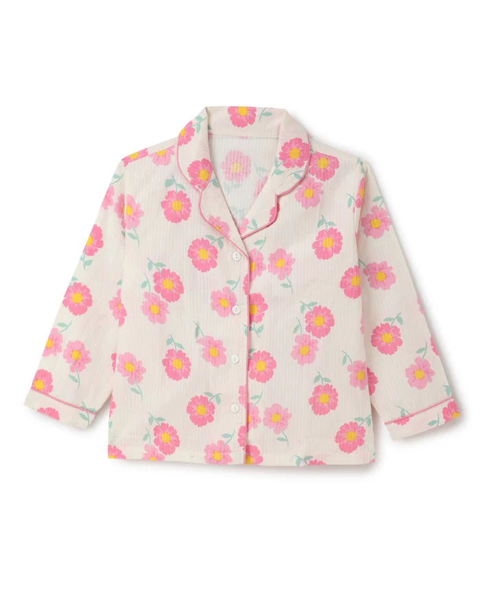 Off White & Pink Premium Cotton Full Sleeves Floral Printed Collar Style Nightsuit for Girls