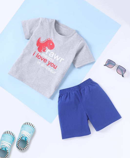 Grey & Blue Dinosaur Printed Cotton Boys Loungewear