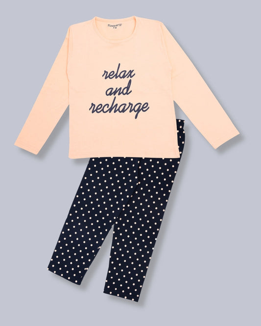 Peach & Navy Blue Typography Printed Night Dress for Girls