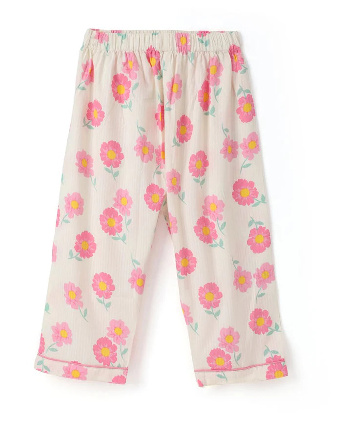 Off White & Pink Premium Cotton Full Sleeves Floral Printed Collar Style Nightsuit for Girls