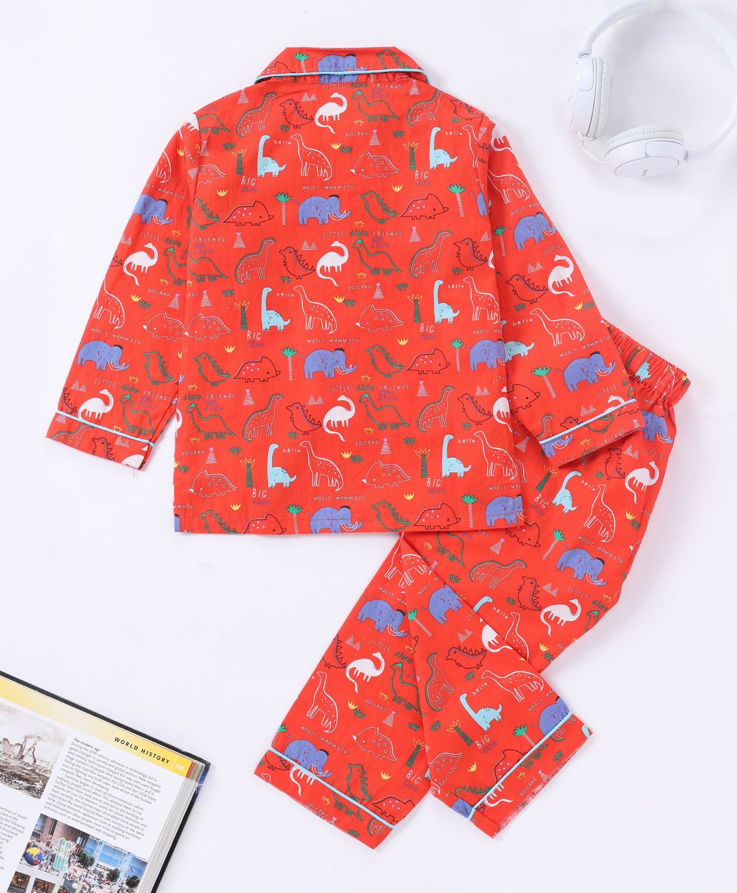 Red Dinosaur Printed Pure Cotton Night Suit for Kids