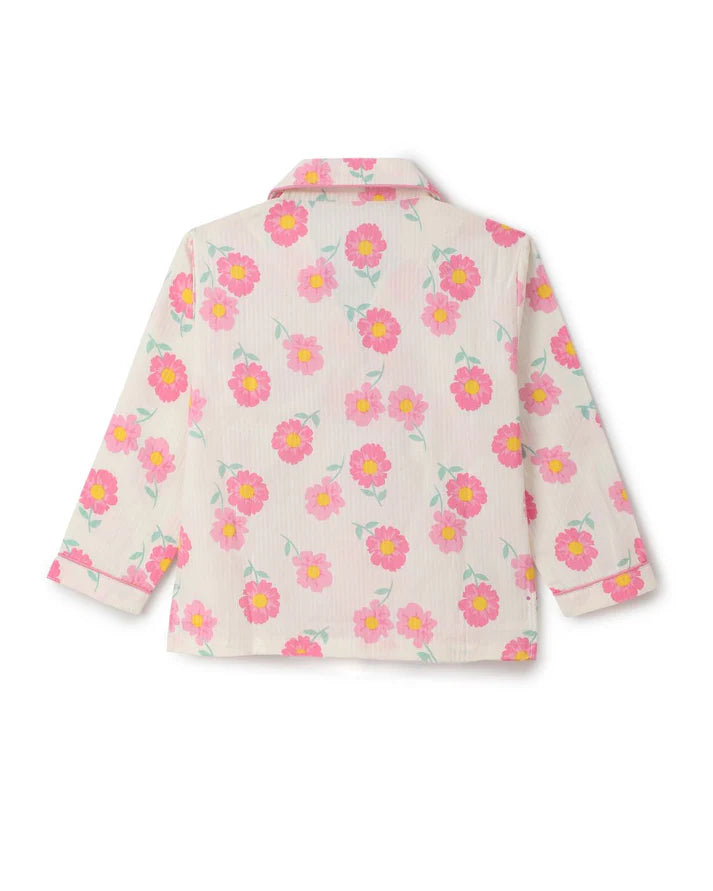 Off White & Pink Premium Cotton Full Sleeves Floral Printed Collar Style Nightsuit for Girls