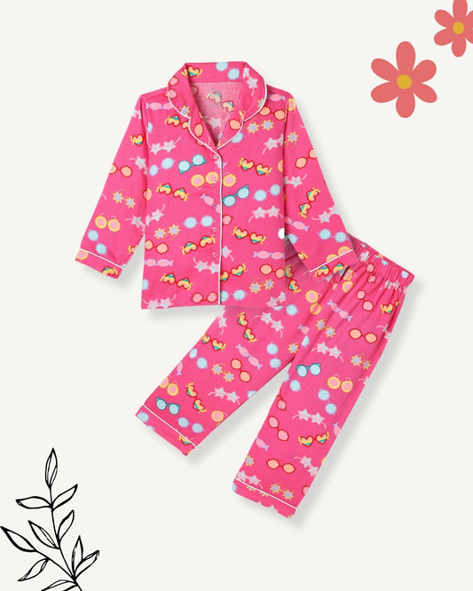 Pink Premium Cotton Full Sleeves Printed Collar Style Pyjama & T-Shirt Set for Girls