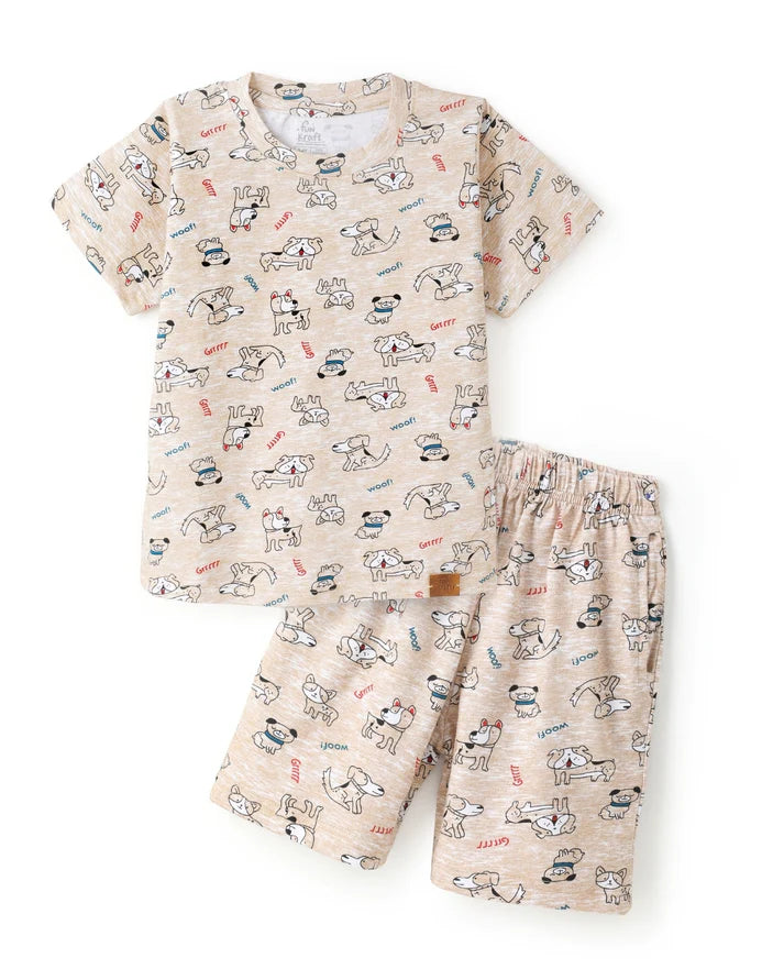 Beige Puppy Print Unisex  Cotton Co-ord Set for Kids