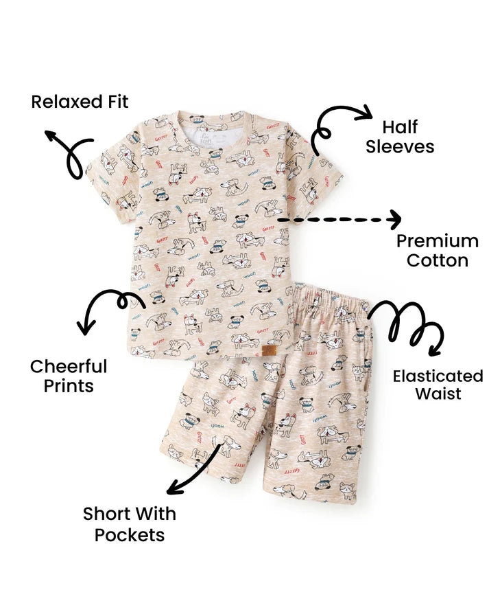 Beige Puppy Print Unisex  Cotton Co-ord Set for Kids