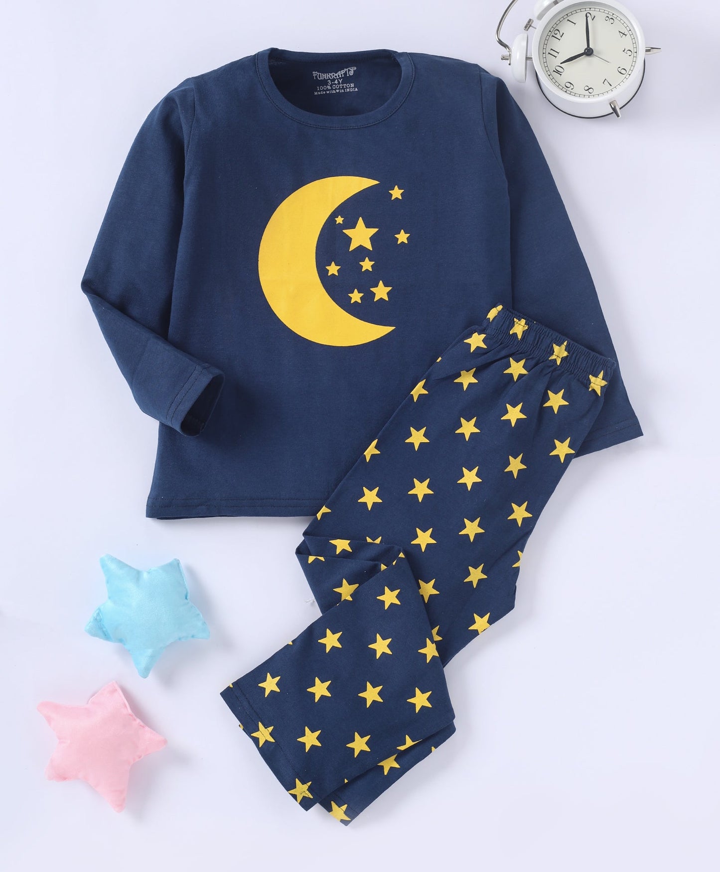 Blue & Pink Pure Cotton Knitted Full Sleeves Star & Cow Printed Nightsuit for Girls - Pack of 2