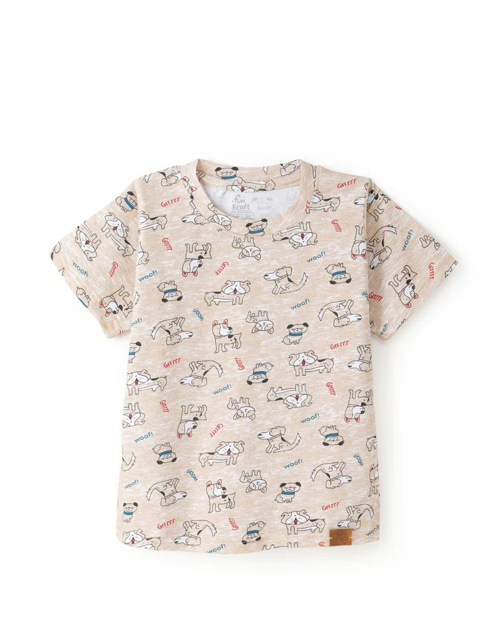 Beige Puppy Print Unisex  Cotton Co-ord Set for Kids