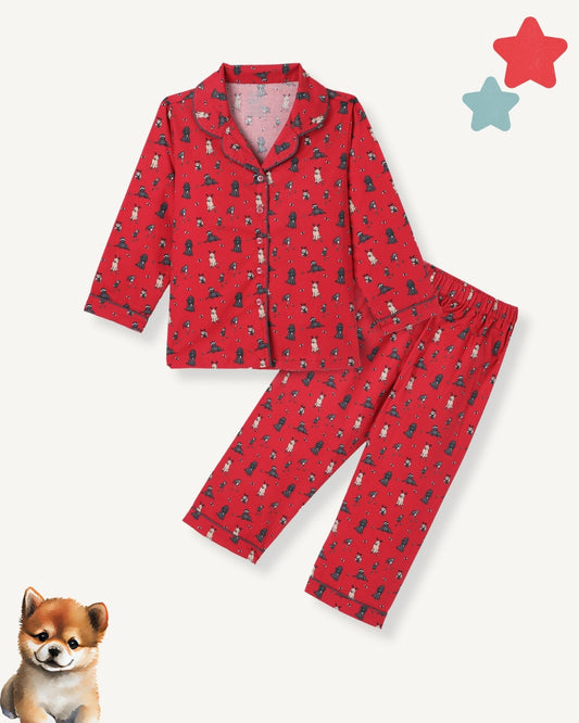 Red Premium Cotton Full Sleeves Puppy Printed Collar Style Pyjama & T-Shirt Set for Boys & Girls