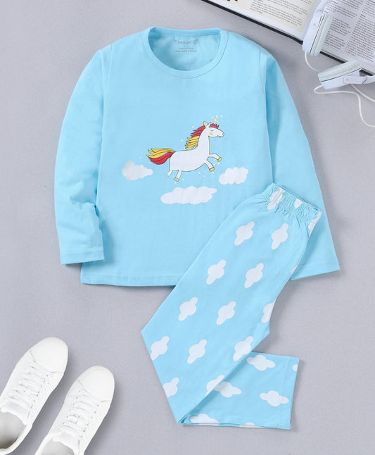 Blue Unicorn Printed Cotton Loungewear for Girls