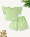 Green Premium Cotton Bio Finish Flutter Sleeves Solid Top & Shorts Co-ord Set for Girls