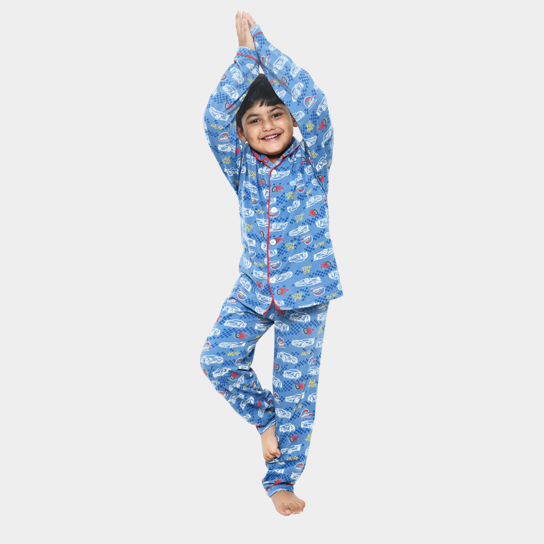 Blue Racing Car Printed Cotton Boys Night Suit