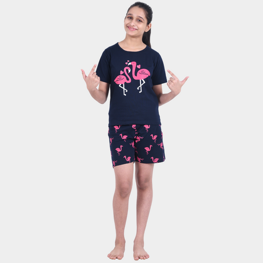 Navy Blue Flamingo Printed Cotton Nightwear for Girls