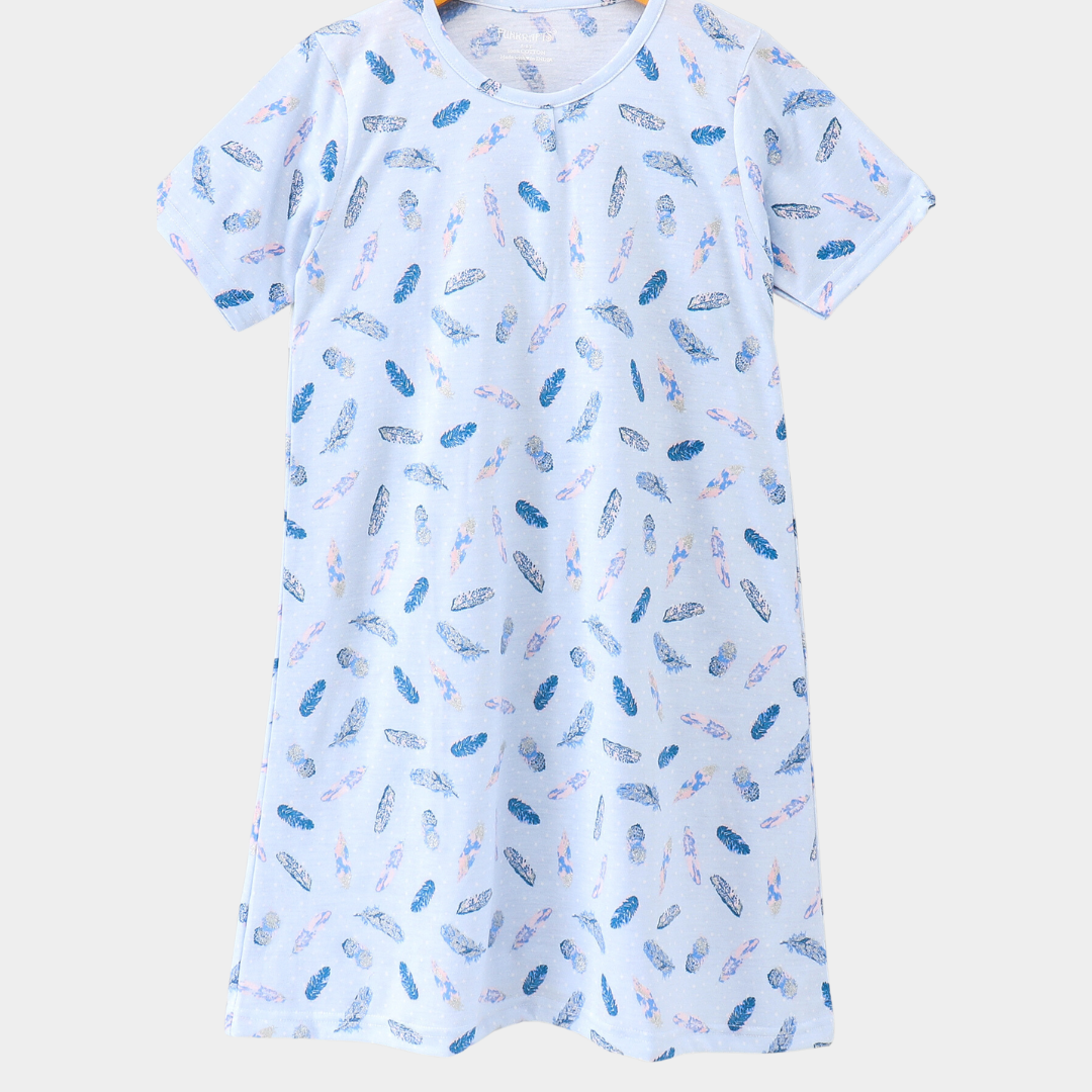 Blue Feather Printed Cotton Night Dress for Girls