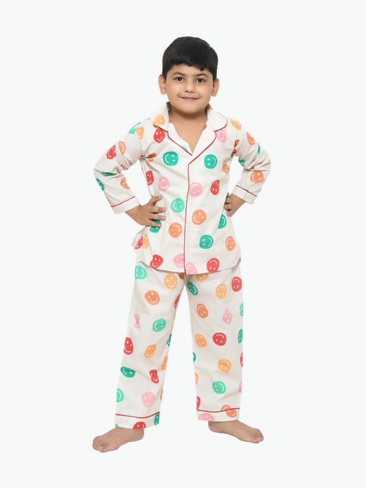 Off White Smiley Printed Cotton Kids Night Suit