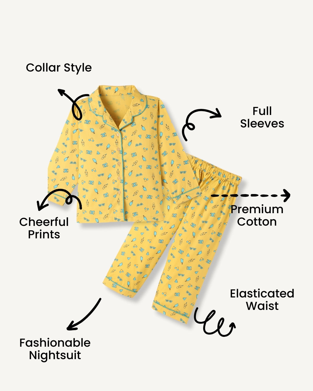 Yellow Premium Cotton Full Sleeves Printed Collar Style Pyjama & T-Shirt Set for Boys & Girls