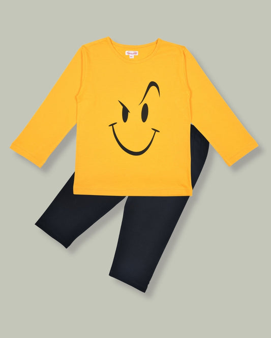 Yellow & Black Smiley Printed Cotton Night Suit for Kids