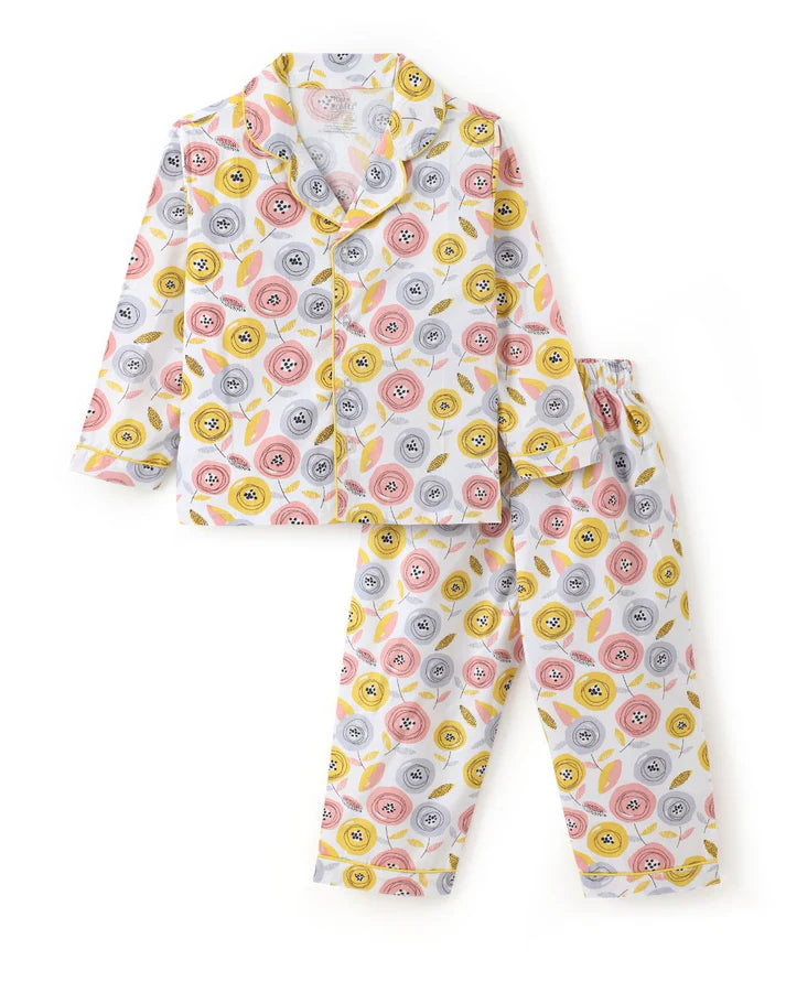 Multicolor Premium Cotton Full Sleeves Floral Printed Collar Style Nightsuit for Girls