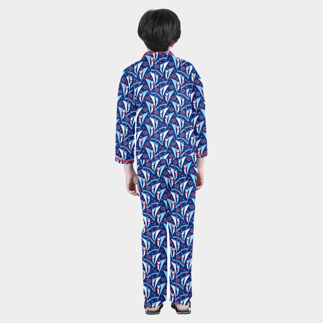 Blue Nautical Printed Cotton Night Dress for Boys