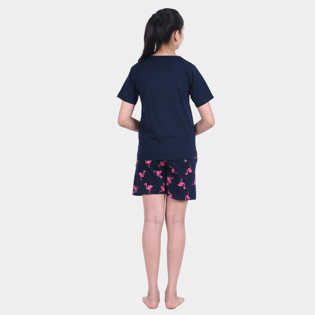 Navy Blue Flamingo Printed Cotton Nightwear for Girls