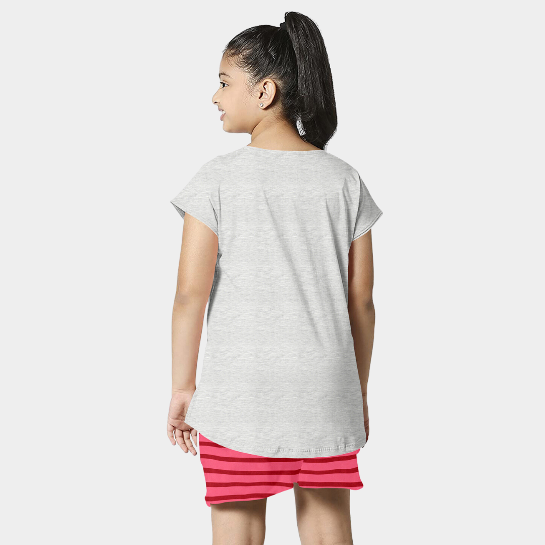 Pink & Grey Typographic Printed Cotton Shorts Night Dress for Girls