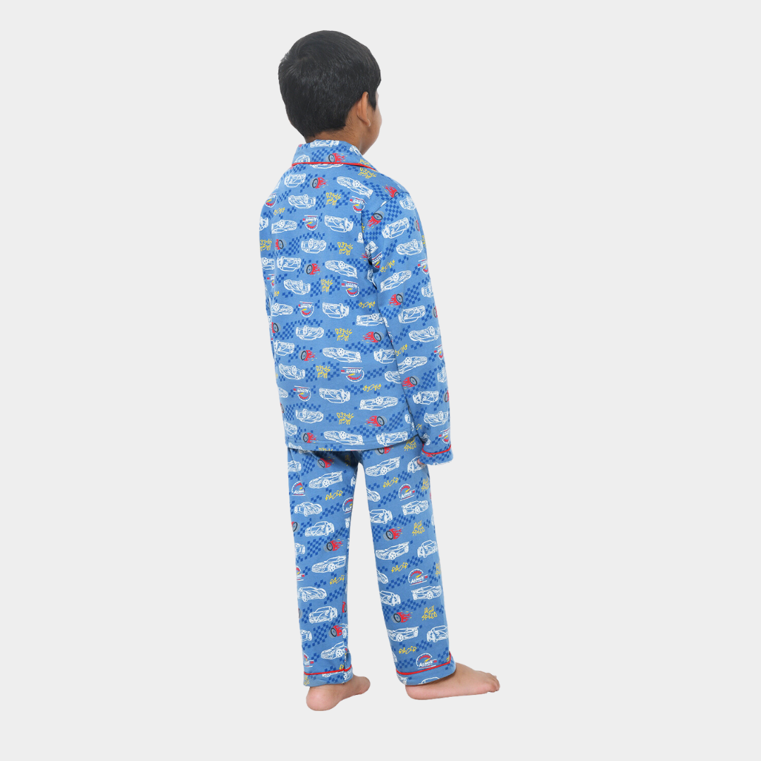 Blue Racing Car Printed Cotton Boys Night Suit