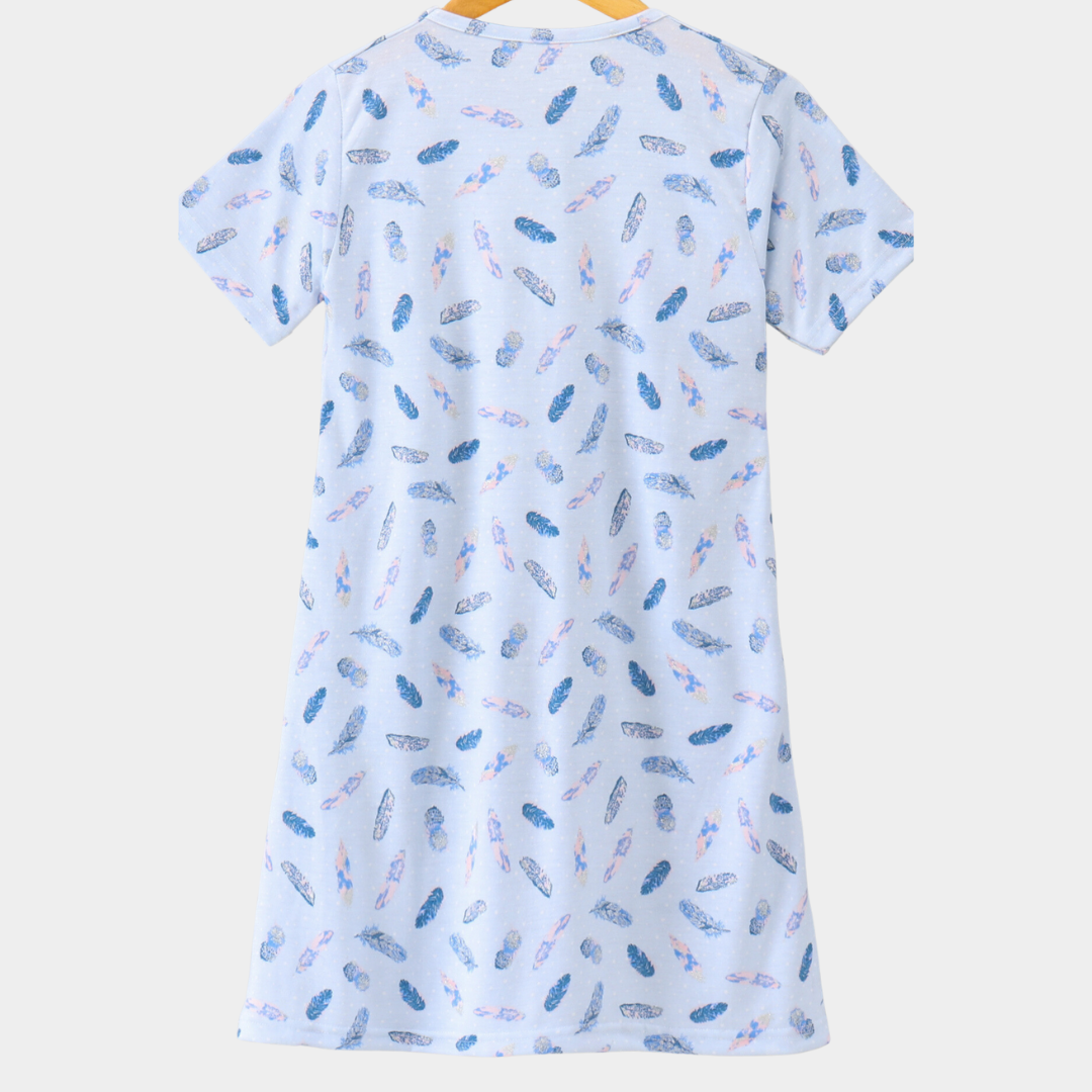 Blue Feather Printed Cotton Night Dress for Girls