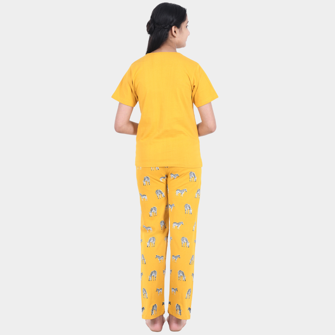 Mustard Zebra Printed Cotton Nightwear for Girls