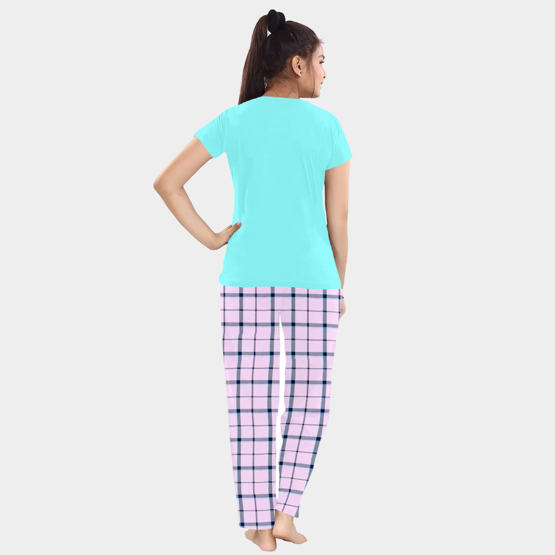 Blue Checks Printed Cotton Night Suit for Girls