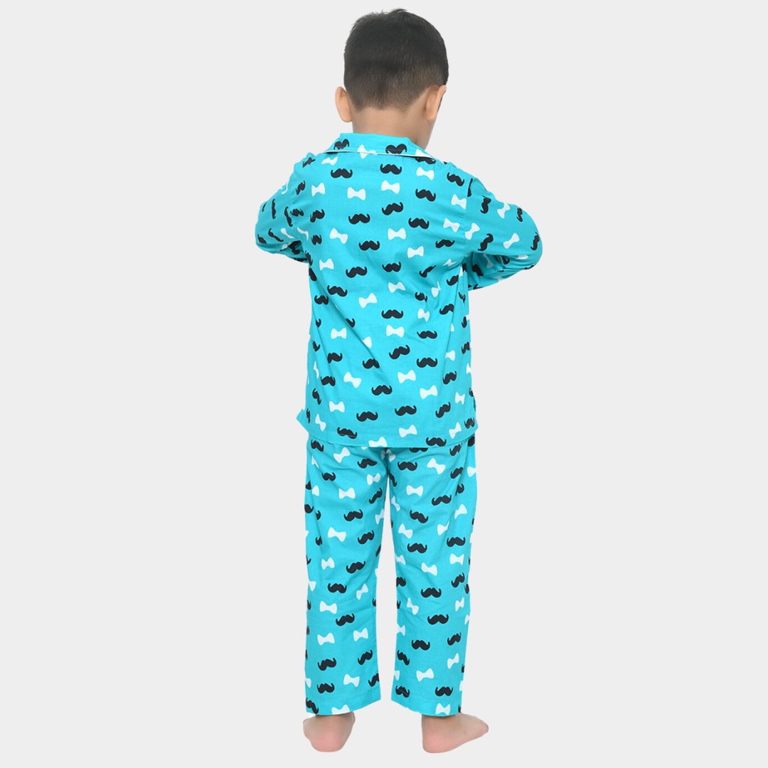 Blue Moustache Printed Cotton Night Dress for Boys