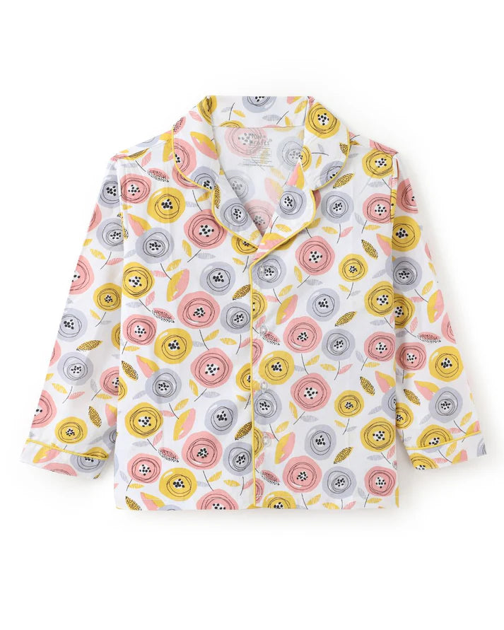Multicolor Premium Cotton Full Sleeves Floral Printed Collar Style Nightsuit for Girls