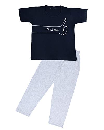 Blue & Grey Typographic Printed Cotton Night Suit For Boys