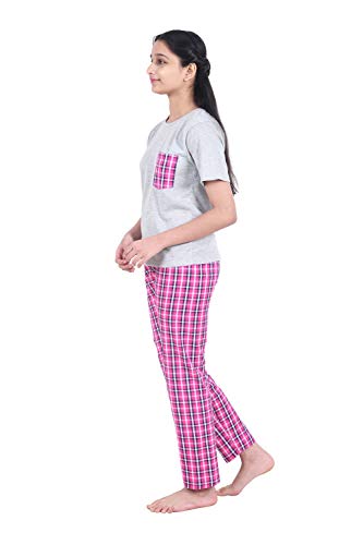 Pink & Grey Checks Printed Cotton Nightwear for Girls