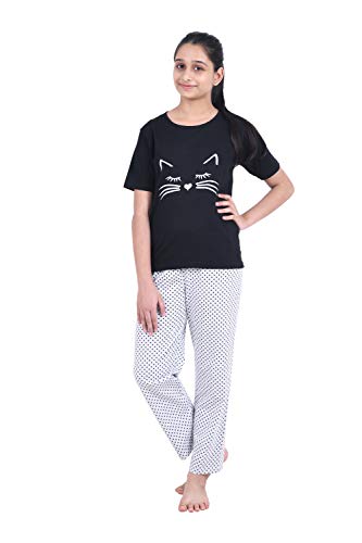 Black & Grey Cat Printed Cotton Night Suit for Girls