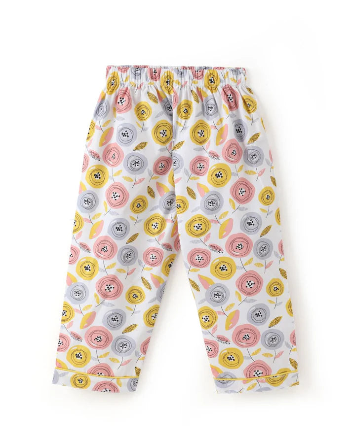 Multicolor Premium Cotton Full Sleeves Floral Printed Collar Style Nightsuit for Girls