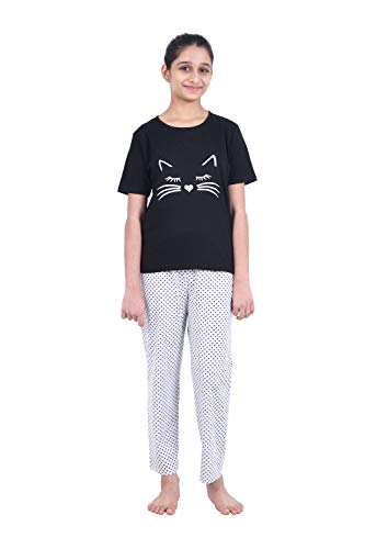 Black & Grey Cat Printed Cotton Night Suit for Girls