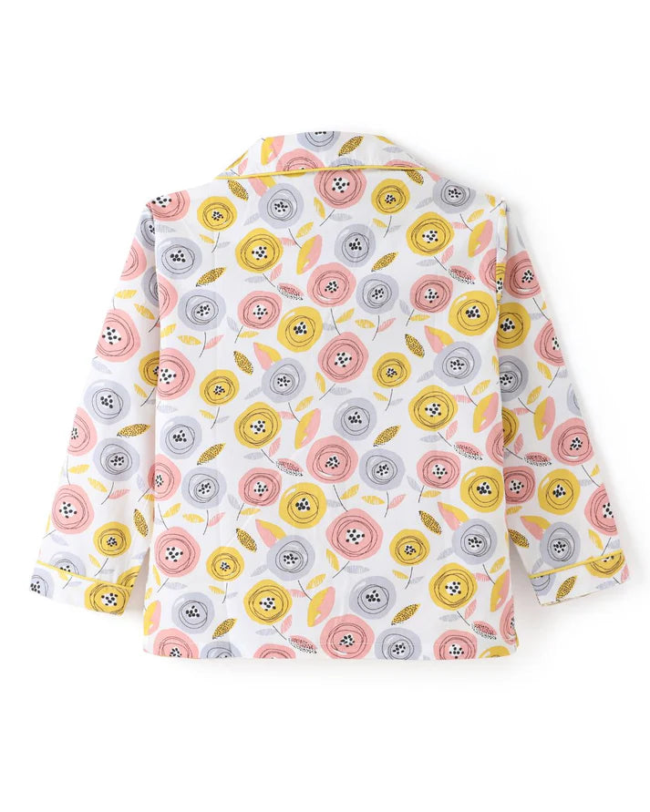 Multicolor Premium Cotton Full Sleeves Floral Printed Collar Style Nightsuit for Girls