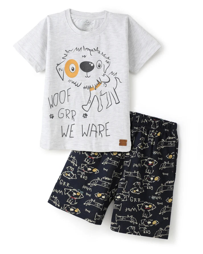 Navy Blue & Grey Puppy Printed Premium Cotton T-Shirt & Shorts Set for Boys & Girls
