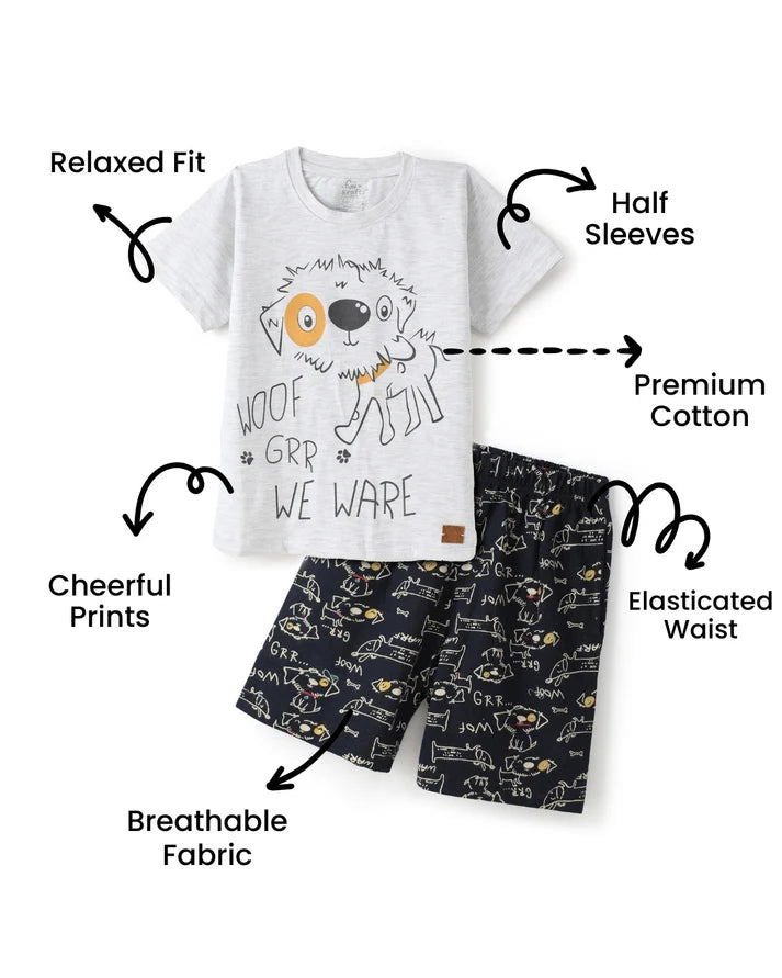 Navy Blue & Grey Puppy Printed Premium Cotton T-Shirt & Shorts Set for Boys & Girls