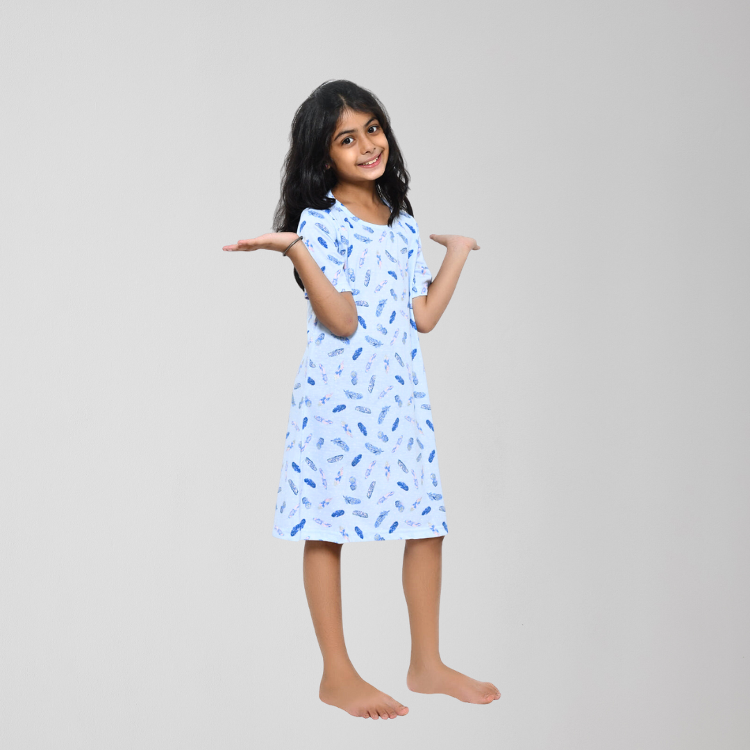 Blue Feather Printed Cotton Night Dress for Girls