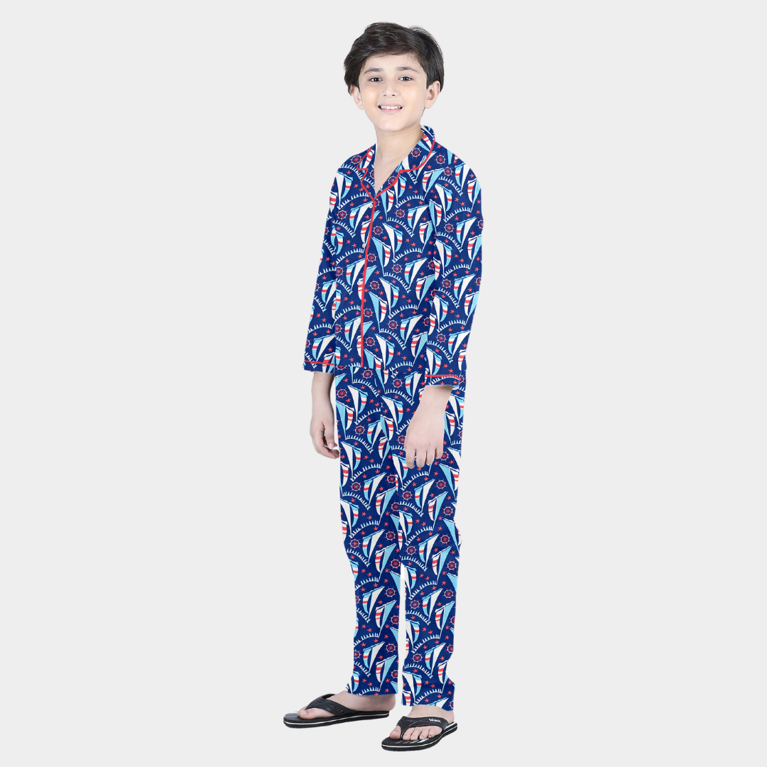 Blue Nautical Printed Cotton Night Dress for Boys