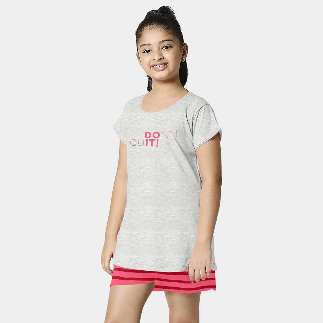 Pink & Grey Typographic Printed Cotton Shorts Night Dress for Girls